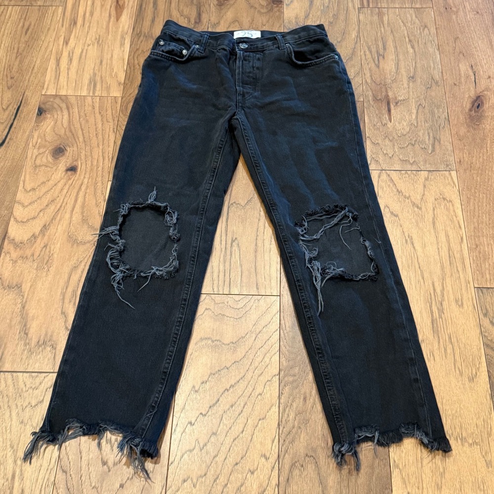 We The Free Free People Black Distressed Button Fly Straight Leg Jeans Size 25